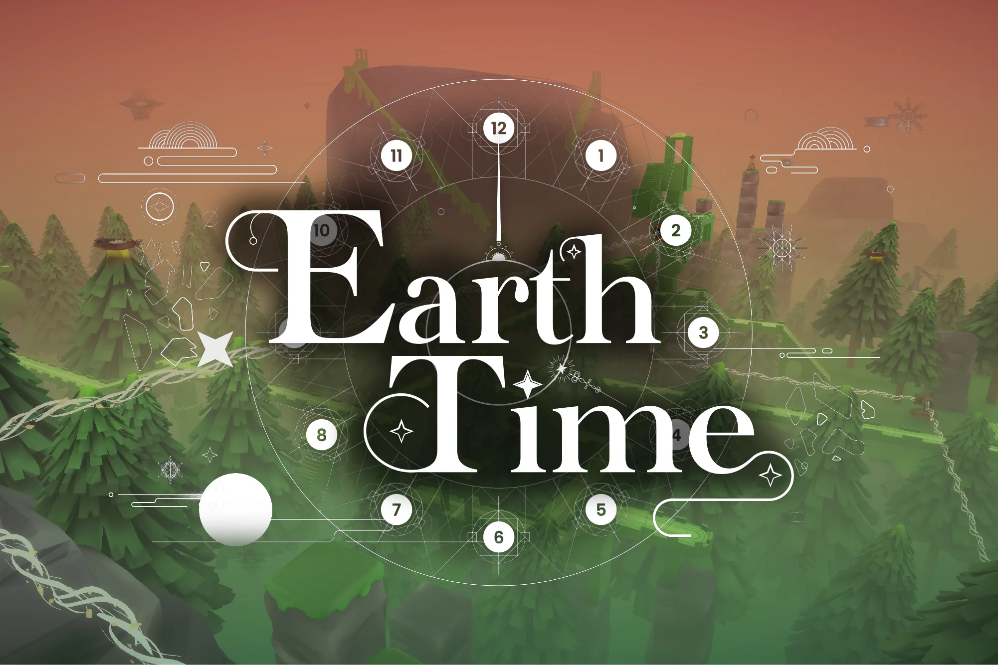 EarthTime title screen with clock markings over a stylised landscape.