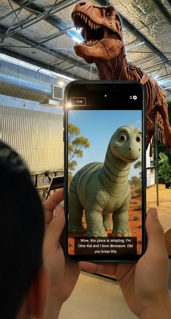 A visitor holds a phone showing the Dino Kid guide in front of a dinosaur display.