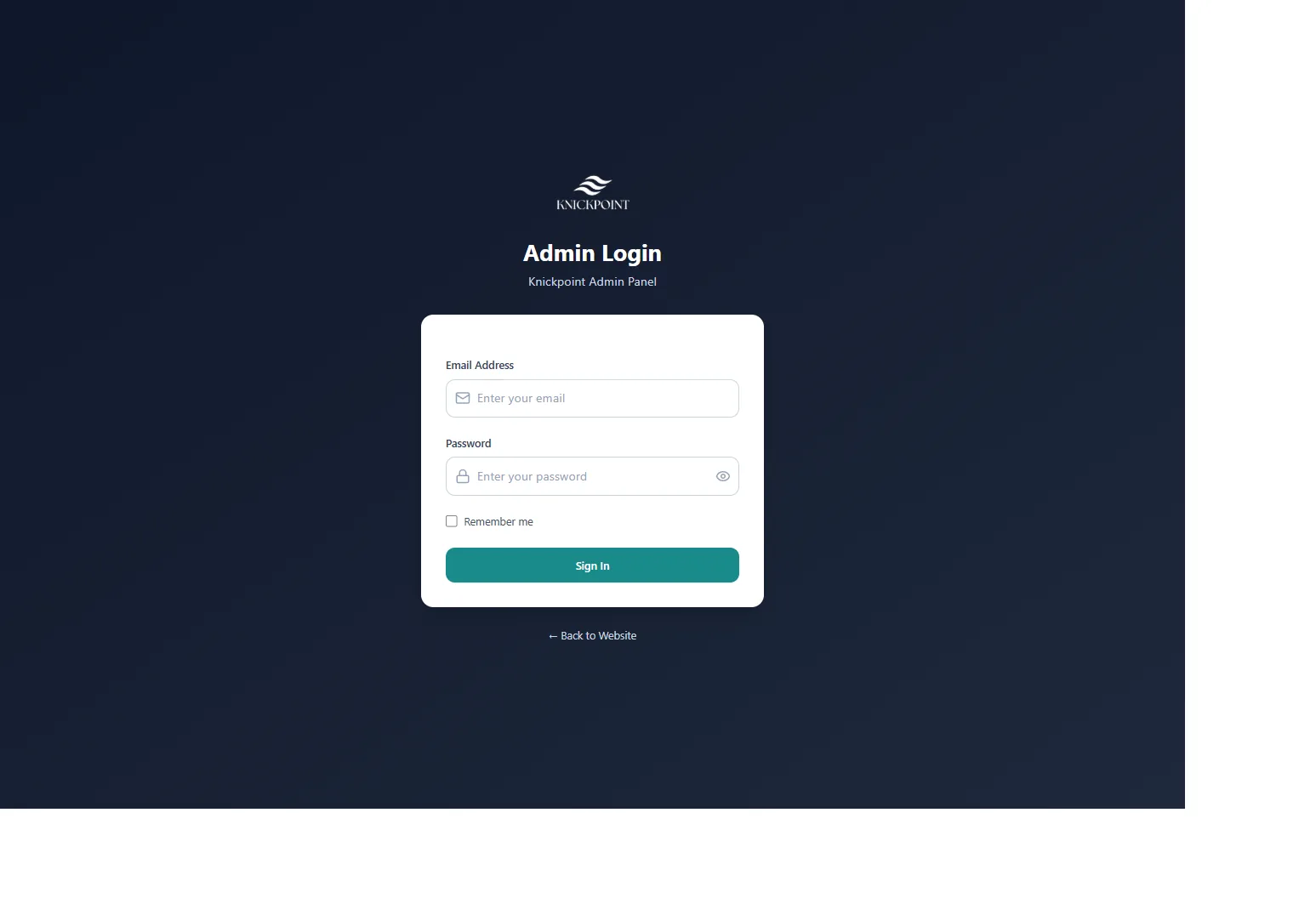 Knickpoint admin login screen.