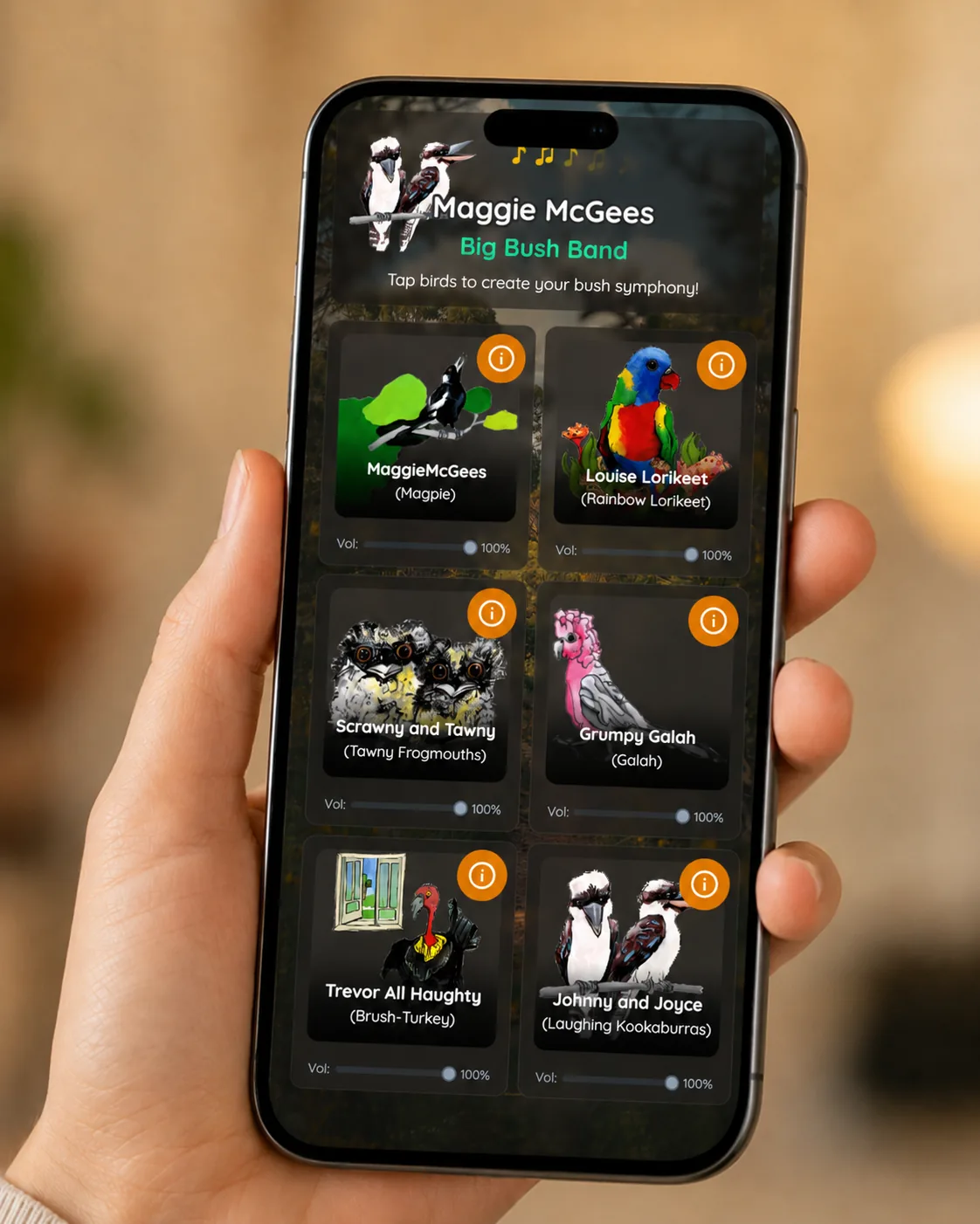 Phone mockup showing the Maggie McGees interactive bird soundboard interface.