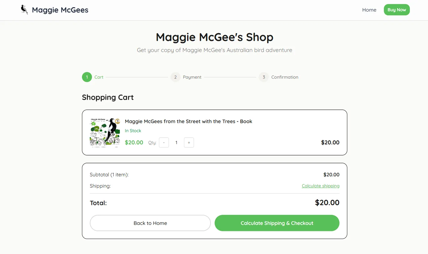 Maggie McGees checkout screen showing the shopping cart and payment flow.
