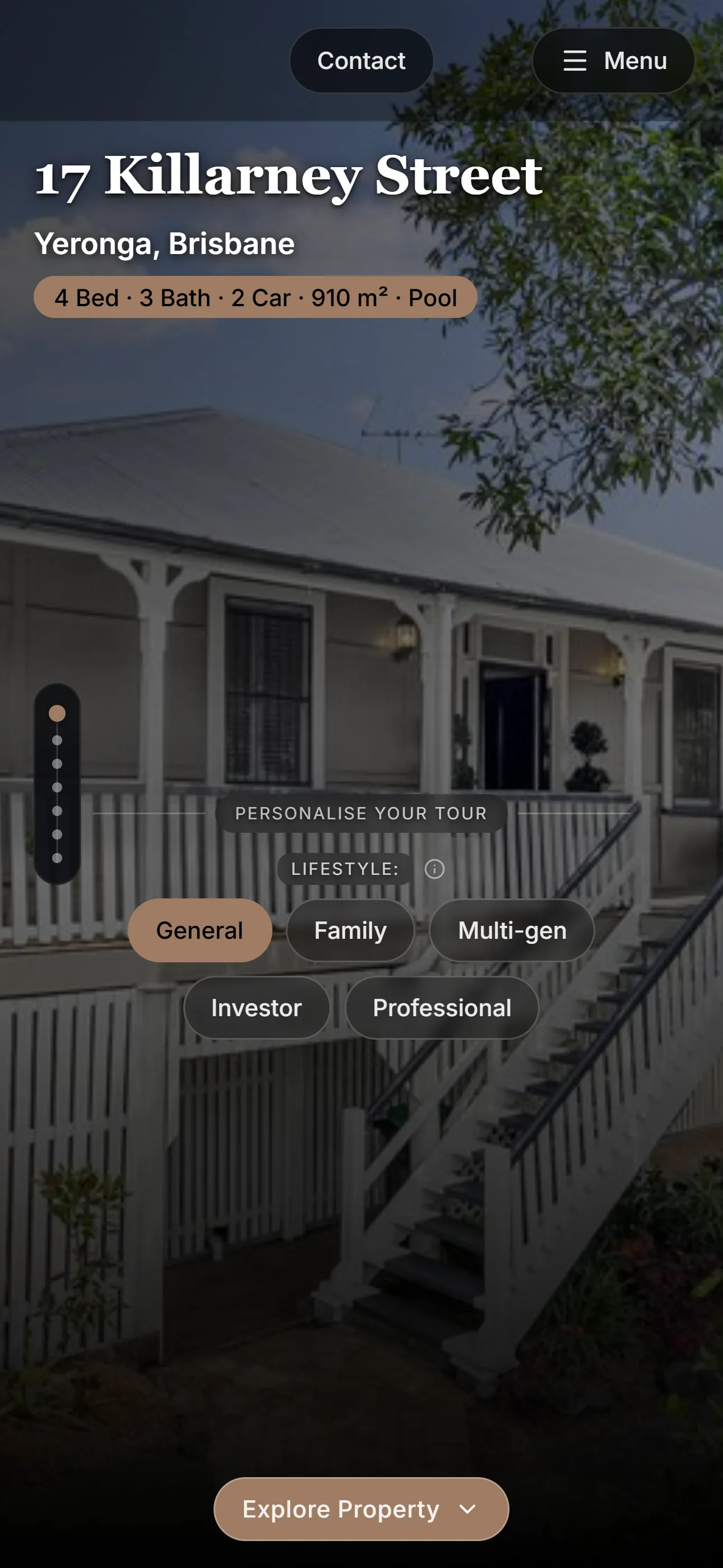 Opening mobile screen for the real estate guided property presentation.