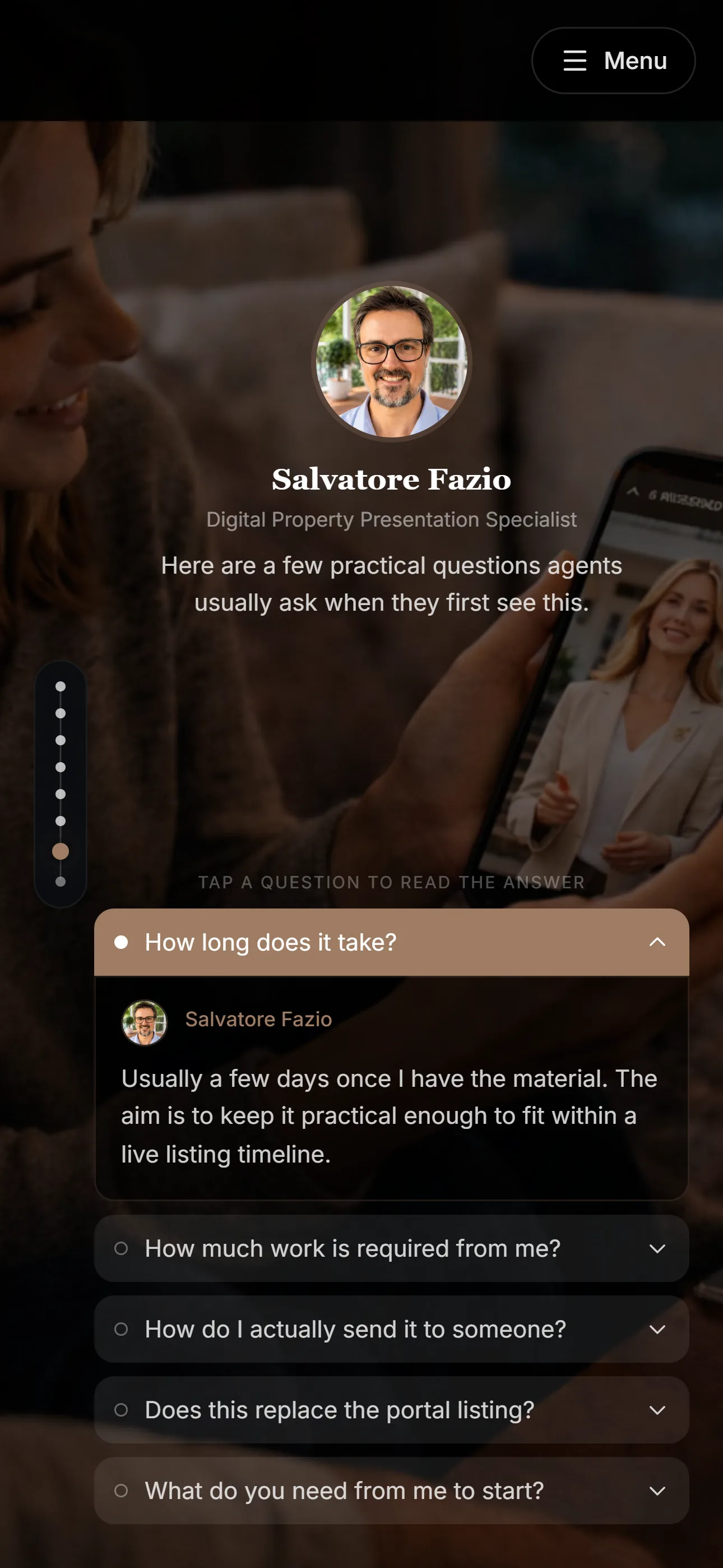 Mobile screen showing the real estate service walkthrough flow.