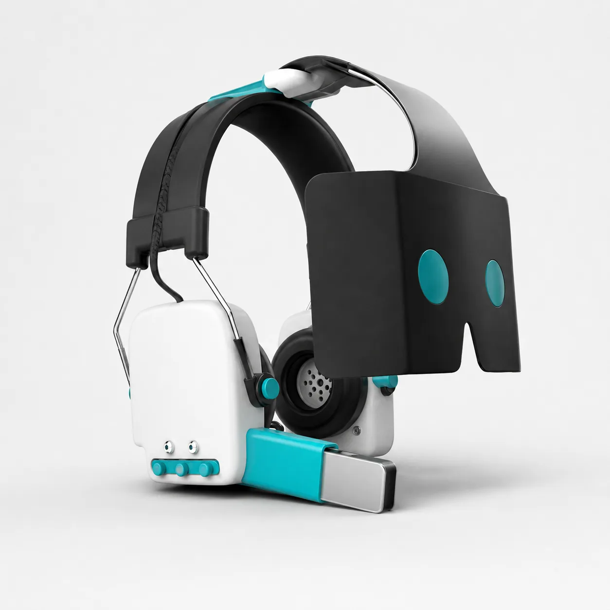 Wondrous Goggles headset prototype render with visor, headphones and recording device.